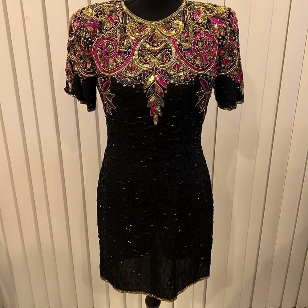 Laurence Kazar Silk Sequins Beaded Cocktail Dress Petite Small